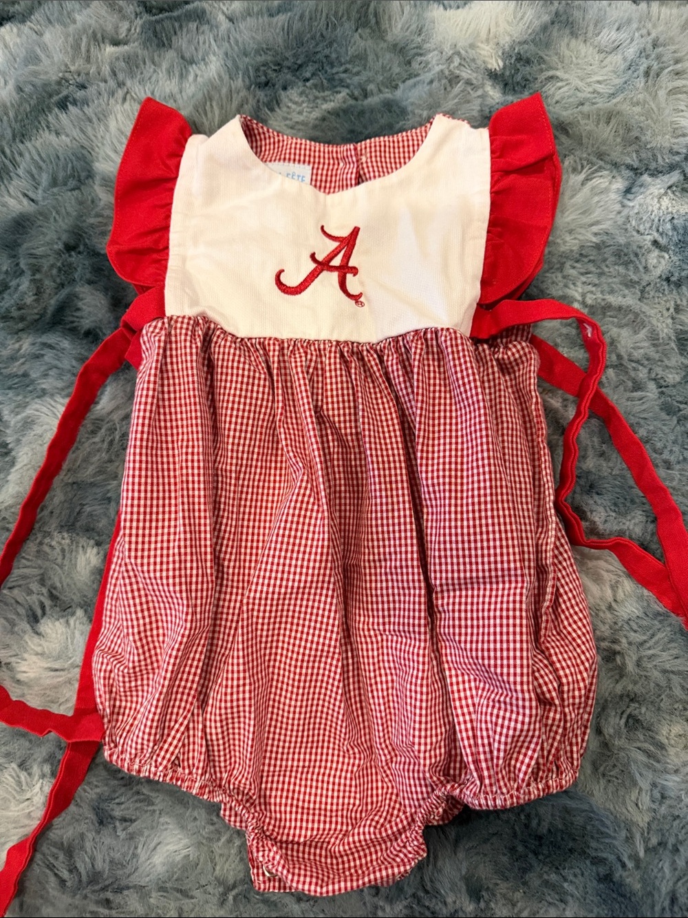 University of Alabama Red Gingham Monogram A Bubble Romper for baby girl